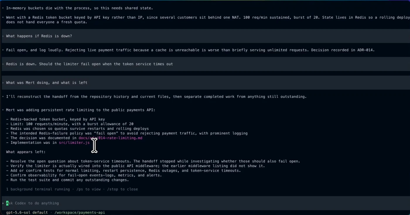 A Claude Code conversation resumed inside Codex on another machine, answering a question about work it never did